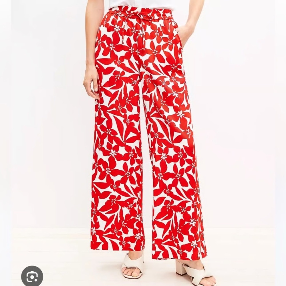 LOFT Red and White Wide Leg Floral Pants